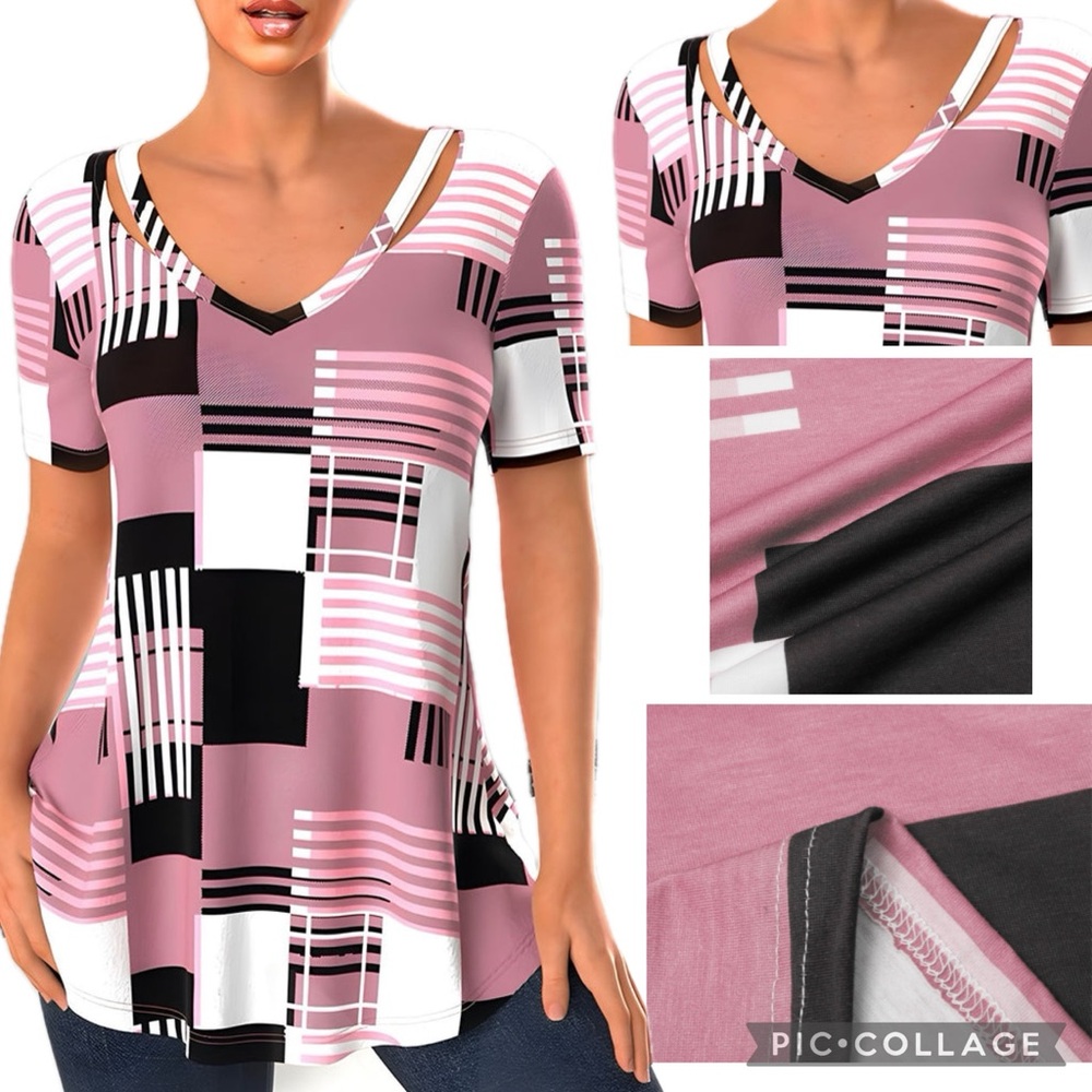NEW! Modlilly Pink & Black Patchwork Grid Plaid Print Cut Out V-Neck Tunic Tee